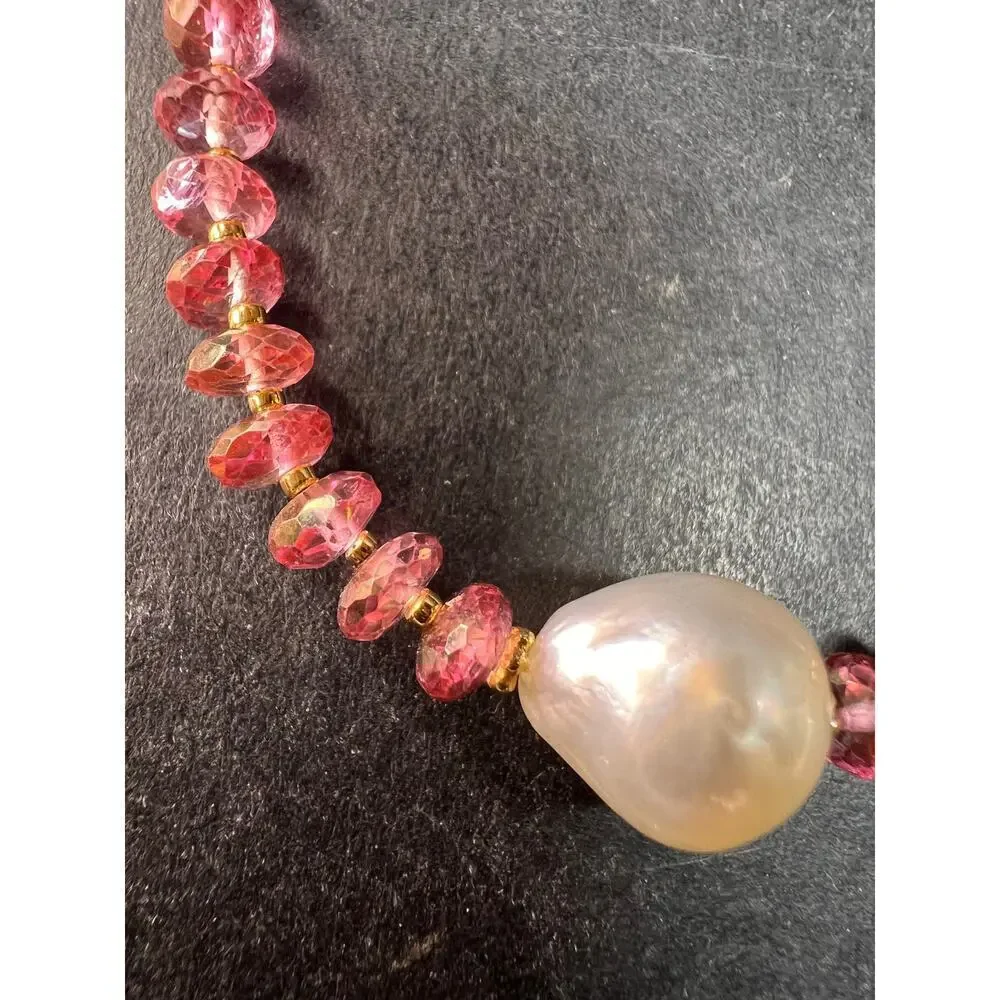 Gold Filled Necklace with Baroque Pearl and Pink Faceted Gemstone Beads